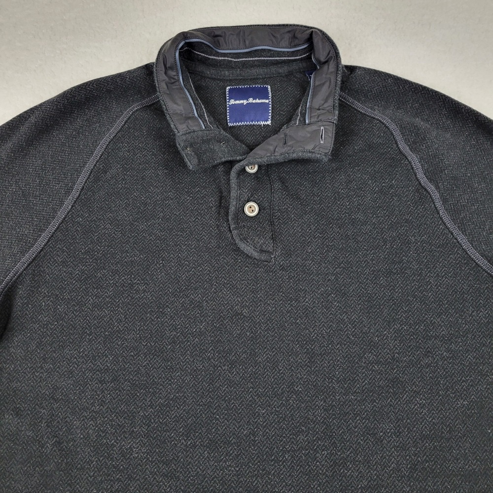 Tommy Bahama 1/4 Button Pullover Sweater Mens Large Black Herringbone 042F